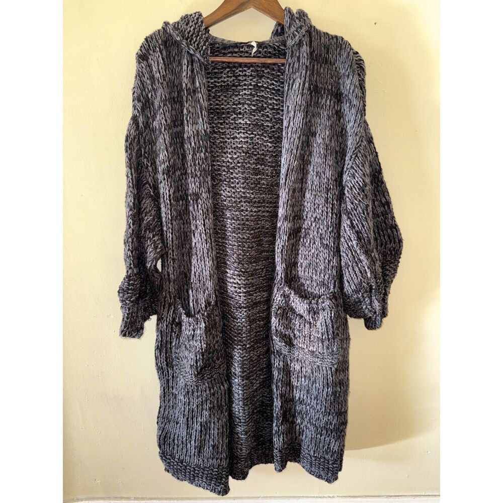 Free People Crofter Hooded Cardigan Duster Sweater Grey Black Chunky Knit S